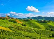 Serralunga d'Alba, Cuneo, vista sul borgo medievale e su i vigneti