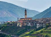 Faver, 672 m di altitudine, colline coperte da vigneti e pendici boschive 